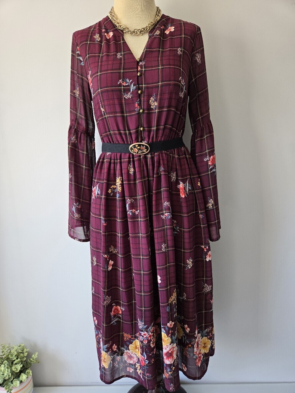 Orange Creek Burgundy Plaid Floral Long Sleeve Midi Dress. Size Small - Picture 9 of 15